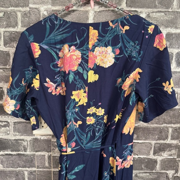 Leith Worn by Actress Laura Onnes Navy Blue Pink Floral Ruffled Wrap Midi Dress - Picture 11 of 11